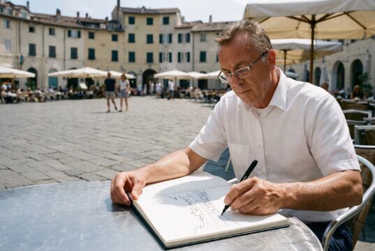 Dietmar W. Brandt skizziert vor Ort Architektur und Plätze. Viele Motive seines Buches entstanden direkt im Alltag der Region. (Foto: © Dietmar W. Brandt)