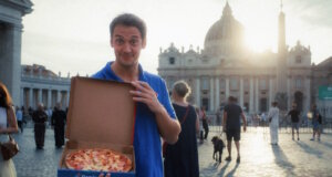 Von allen Sünden befreit: Ein Domino’s Mitarbeiter präsentiert die „Waikiki“ mit Ananas auf dem Petersplatz vor dem Petersdom – Teil der Aktion „Pardoned Pineapple Pizza“, mit der Domino’s augenzwinkernd um Vergebung für die vermeintliche Pizzasünde bittet. (Foto: © Domino's)
