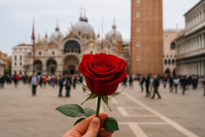 In Venedig feiert man am 25. April auch den Markustag, den Tag des Stadtpatrons. Und es gibt eine wunderbare Tradition: Männer schenken ihren Liebsten eine rote Rose – bòcolo. (Bild: Open AI)