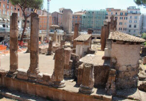 Die antiken Ruinen von Largo di Torre Argentina in Rom. Hier tummelt sich eine ganze Katzen-Kolonie. Im Hochsommer bevorzugen die pelzigen Bewohner lieber schattige Plätzchen und kleine Höhlen auf dem Gelände. (Foto: © Bastian Glumm)