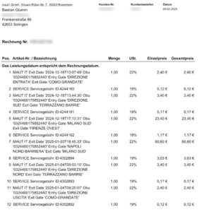 Beispiel einer Telepass-Abrechnung: Die Rechnung zeigt die Mautkosten auf verschiedenen Abschnitten von Como über Mailand bis Neapel, inklusive Servicegebühren des Mautbox-Anbieters. (Bild: Bastian Glumm)