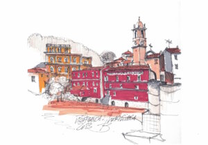 Skizze aus dem Buchprojekt von Dietmar W. Brandt: Architektur und Ortsbilder der Lunigiana werden direkt vor Ort zeichnerisch festgehalten. (Bild: © Dietmar W. Brandt)