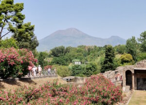 Zwischen Oleanderbüschen, schattigen Bäumen und historischen Mauern eröffnet sich der Blick auf den Vesuv. Die lebendige Vegetation rund um Pompeji bildet einen spannenden Kontrast zur bewegten Vergangenheit des Ortes und zur ruhigen Präsenz des Vulkans am Horizont. (Foto: © Bastian Glumm)
