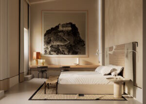 Eines der neu gestalteten Zimmer der Villa Paola: natürliche Materialien, klare Linien und eine ruhige Farbwelt prägen das moderne Design im historischen Ambiente. (Foto: © Mediterranean Hospitality Group)